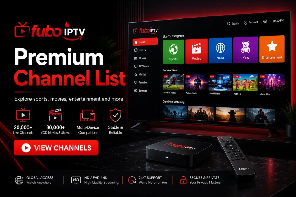 Channels list with live TV, sports, movies, news, kids, entertainment, Smart TV, Firestick, and worldwide streaming